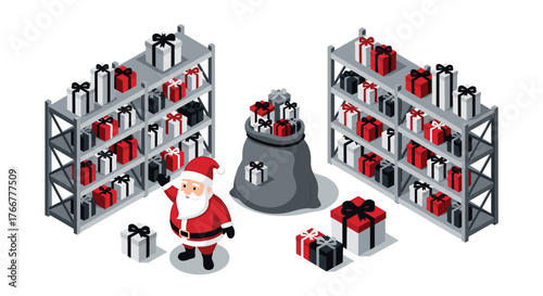 Santa organizing gifts in warehouse with isometric shelving and presents
