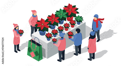 Isometric holiday market scene with poinsettias and shoppers in winter attire