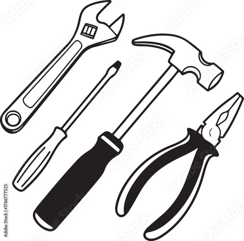 Industrial tools and safety helmets are arranged on a blueprint background representing construction planning