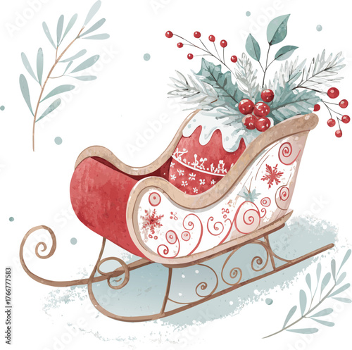 Watercolor Christmas Sledge with Gifts and Snow – Festive Winter Vector Illustration