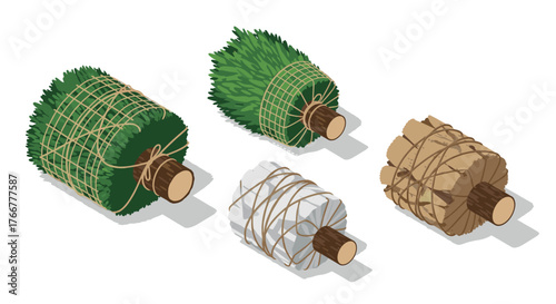 Isometric sauna birch brooms set with natural materials