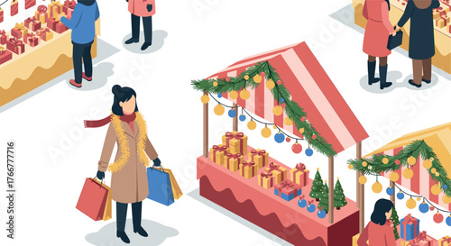 Festive holiday market scene with shoppers and decorative stalls