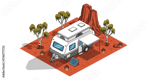 Isometric caravan parked in the australian outback, featuring red rock formation, acacia trees, and solar panels, representing outdoor adventure and travel