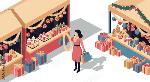 Festive holiday market scene with woman shopping and christmas decorations in isometric style