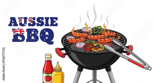 An aussie bbq with sausages, onions, and peppers sizzling on grill, accompanied by bottles sauce and mustard, with the text aussie bbq and the australian flag