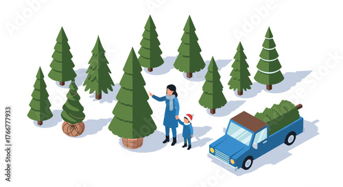 Family choosing christmas tree in isometric forest scene with blue pickup