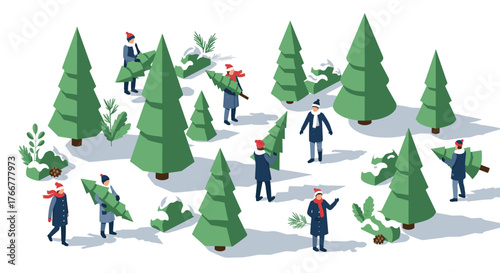 Isometric winter forest scene with people decorating christmas trees