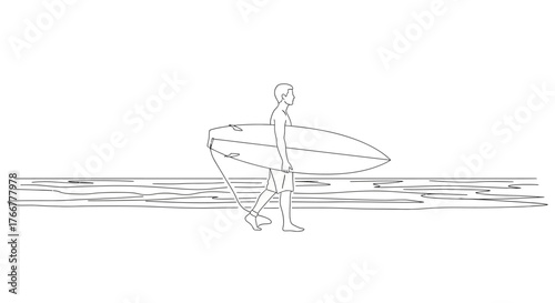 Line drawing surfer walking along the shoreline with surfboard under their arm, with the ocean waves in the