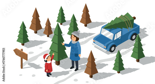 Family choosing christmas tree in winter forest with car illustration