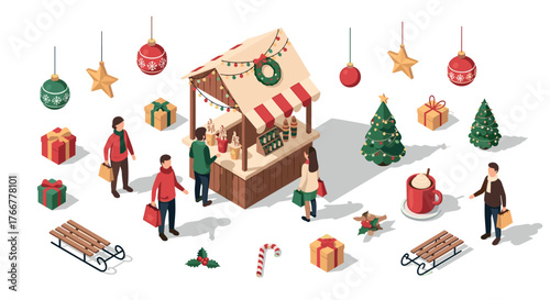 Festive holiday market with isometric christmas decorations and shoppers