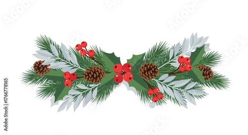 Festive holiday garland with pine cones and berries on white background