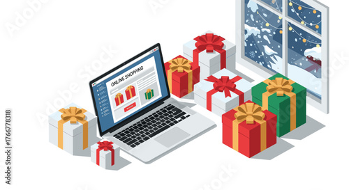 Festive online shopping isometric design with laptop and gift boxes near snowy window