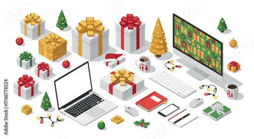 Festive holiday office workspace with gifts, decorations, and tech