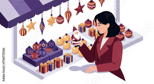 Festive christmas market stall with decorations and gifts in isometric style