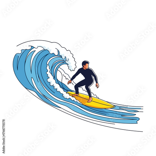 Surfer riding big wave, dynamic action shot person in wetsuit on surfboard, capturing the thrill surfing and the power the ocean