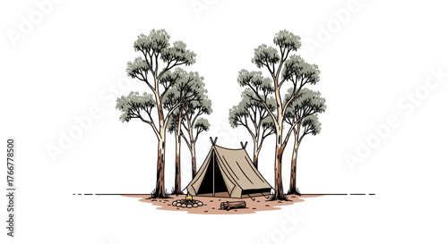 Canvas tent pitched in forest clearing surrounded by tall eucalyptus trees, with camping gear nearby