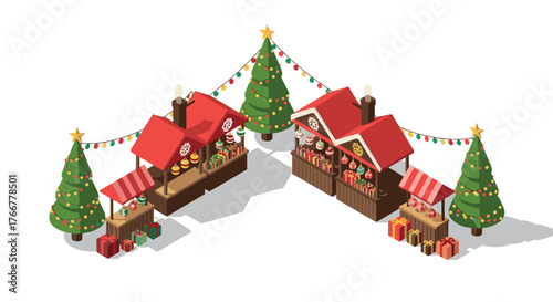 Festive christmas market stalls with decorations and gifts in isometric style