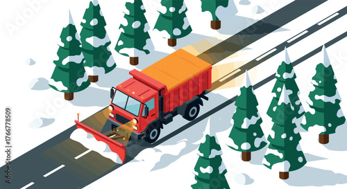 Isometric snowplow truck clearing snowy road through pine forest in winter