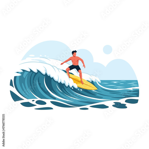 Surfer on a Wave: Capturing the thrilling essence of surfing as a lone figure elegantly rides a cresting wave, experiencing the exhilaration of nature's power.
