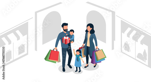 Family shopping spree with gift and bags in modern isometric style