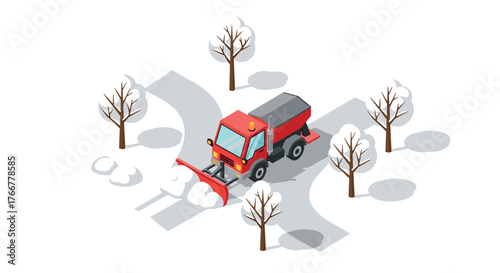 Snow plow truck clearing snowy road surrounded by bare trees in winter isometric scene