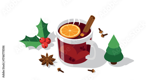 Cozy winter beverage with mulled wine, cinnamon, and holiday decorations in isometric style
