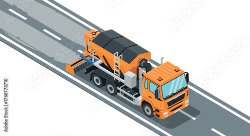 Isometric orange truck with asphalt machine on road - modern transportation design