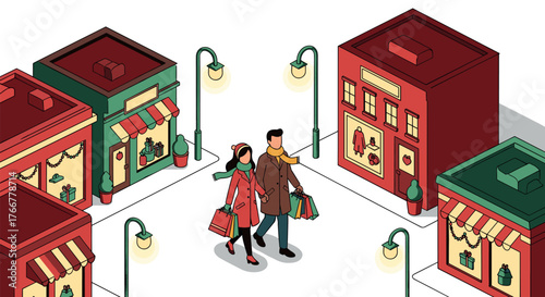 Holiday shopping in festive town street with couples and gifts in isometric style