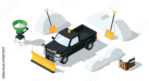 Isometric winter maintenance truck with snow plow and shovels