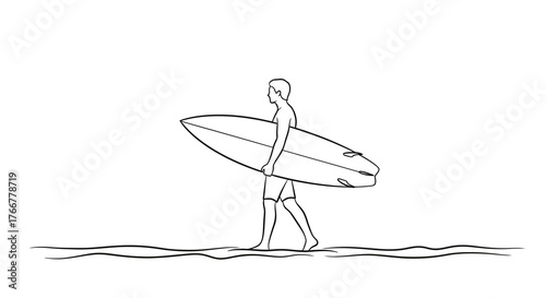 Line surfer walking along the beach carrying surfboard