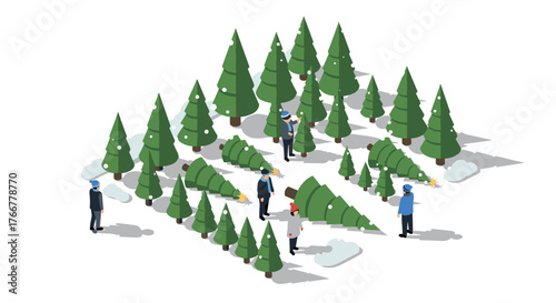 Isometric winter scene with people and pine trees in forest