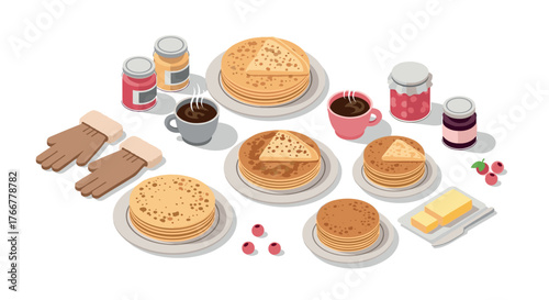 Isometric breakfast scene with pancakes, coffee, and jams
