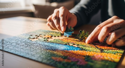Hands assembling a vibrant landscape jigsaw puzzle on a table