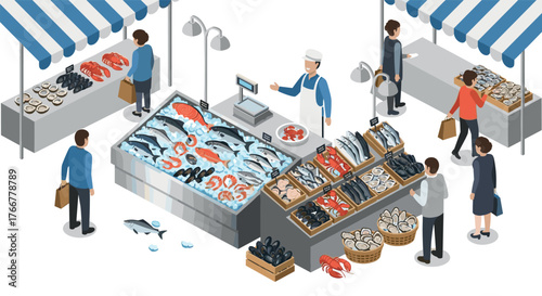 Isometric fish market scene with diverse seafood selection and shopping customers