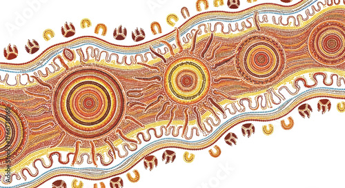 Vibrant australian aboriginal dot painting depicting winding river with sun symbols and animal tracks