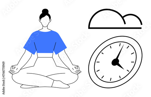 Calm woman sitting in lotus pose, clock and cloud symbolizing mindfulness, stress management, and time balance. Ideal for wellness, productivity, relaxation, meditation, focus mental health simple