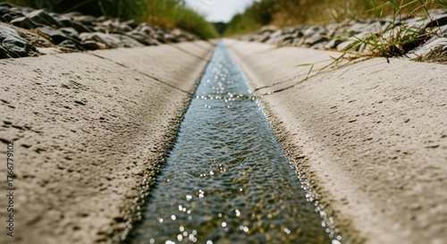 Long concrete canal carries sparkling water through arid landscape
