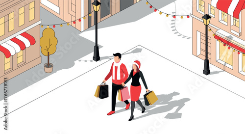 Urban winter shopping scene with festive decor in isometric style
