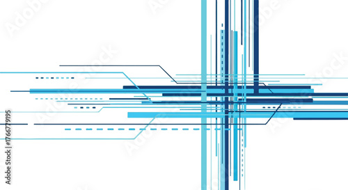 A futuristic blue circuit board design with intersecting lines and geometric shapes on a white background, conveying a technological and innovative mood with a cinematic feel.