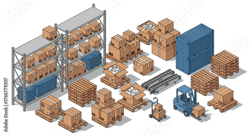 Isometric warehouse scene with logistics equipment and shipping containers