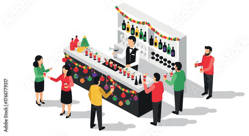 Festive holiday celebration with bartender and friends in isometric style