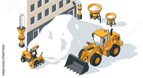 Isometric snow removal scene with heavy machinery and buildings in winter