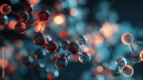 Molecules, 3D model. Atoms, chemical bonds, biomolecules molecular nano structure. Innovation in science, DNA, medicine, education. Chemistry science research, biology, pharmaceuticals biotechnology