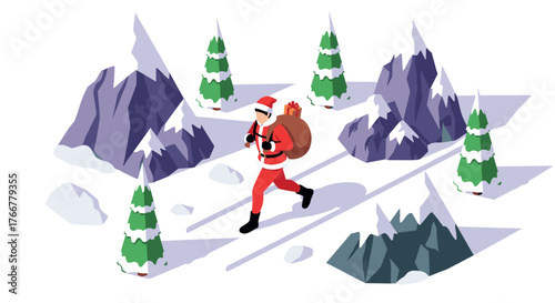 Isometric santa running through snowy mountain forest with gift bag
