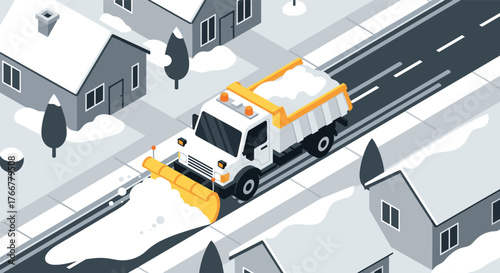 Isometric snow plow clearing urban streets in winter scene