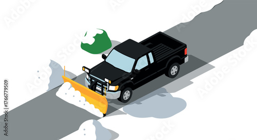 Isometric black truck with snow plow clearing snowy road in winter scene