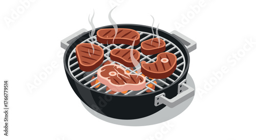 Isometric barbecue grill with sizzling steaks and smoke rising