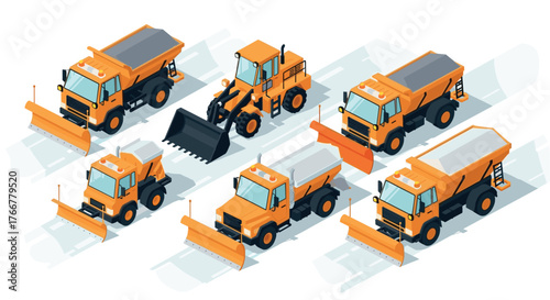 Isometric snow removal vehicles set: diverse snowplows and loaders for winter maintenance