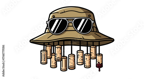 Humorous cartoon bucket hat adorned with sunglasses and dangling wine corks, representing relaxed and perhaps slightly inebriated individual enjoying leisure time