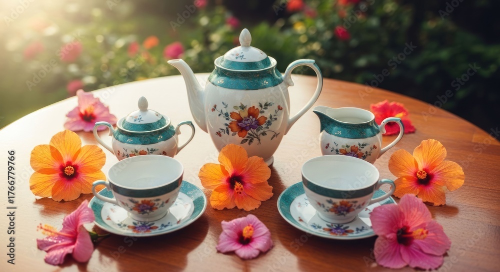 Fototapeta premium Outdoor tea party with patterned cups and vibrant hibiscus blooms